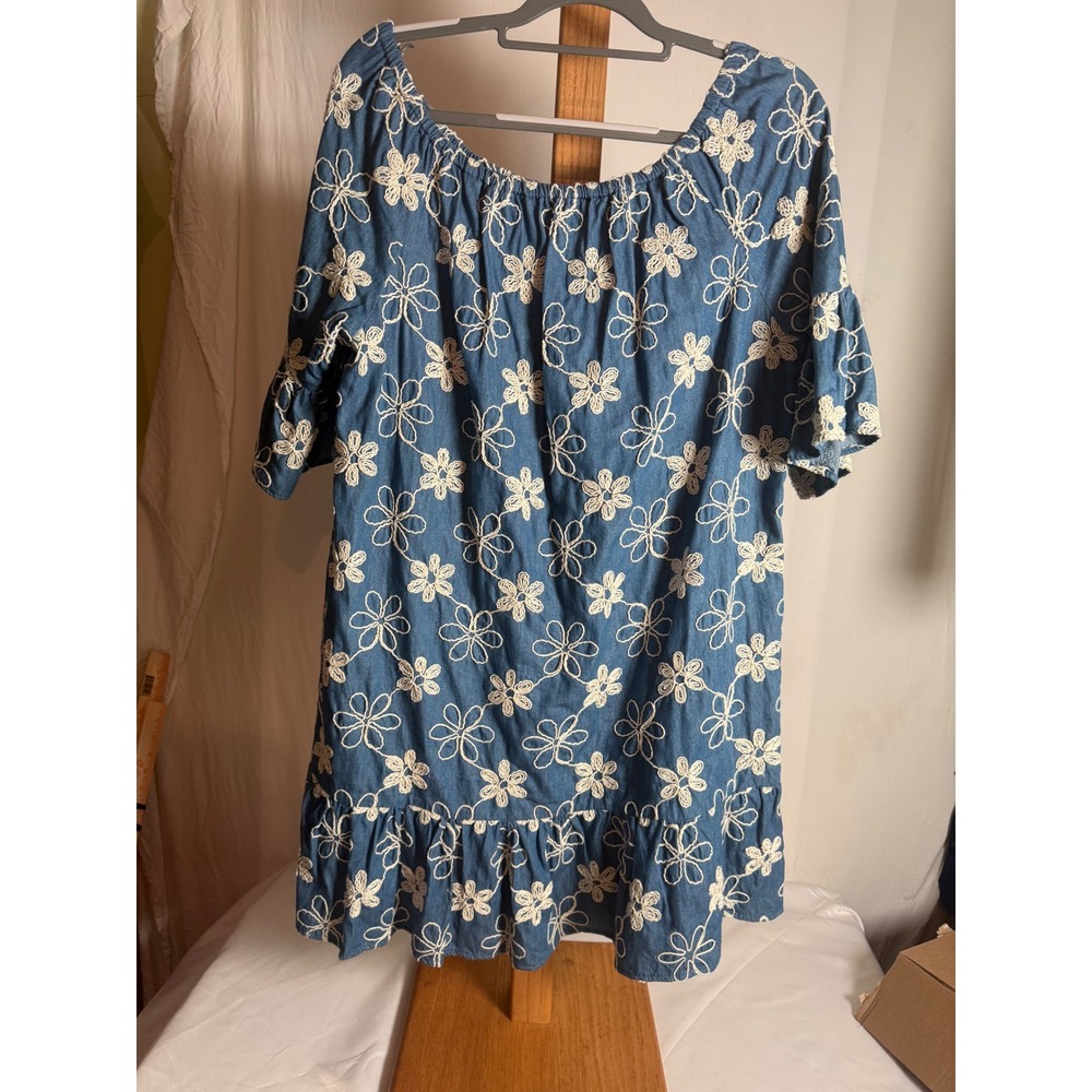 Label by Five Twelve Womens Blue Floral Embroidered Off Shoulder Denim Dress‎ 14